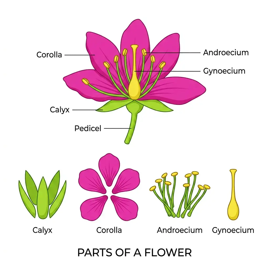 Fully labeled educational vector diagram showing the typical parts of a flower: pedicel, calyx, corolla, androecium, and gynoecium.