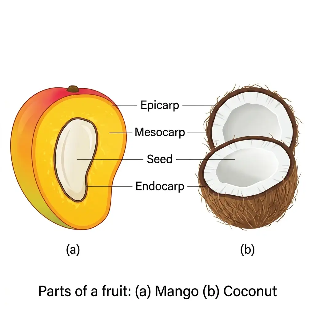 Vector diagram showing pericarp division into epicarp, mesocarp, and endocarp in mango and coconut drupe fruits.