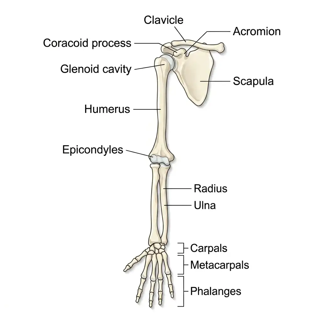 Frontal view diagram of the human right pectoral girdle and upper arm bones from clavicle to phalanges.