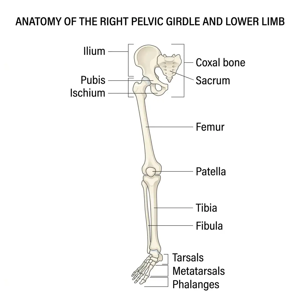 Frontal view skeletal diagram of the human right pelvic girdle and lower limb bones from coxal bone to phalanges.
