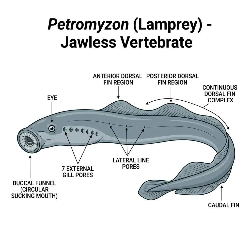 Detailed anatomical diagram of the jawless vertebrate, Petromyzon (Lamprey), with gill pores.