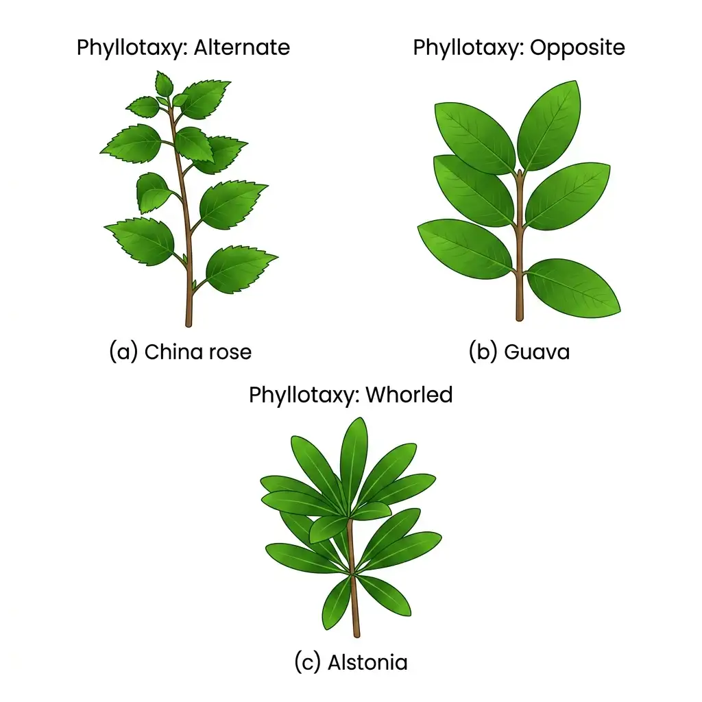 Vector leaf diagram illustrating alternate phyllotaxy (China rose), opposite phyllotaxy (Guava), and whorled phyllotaxy (Alstonia).