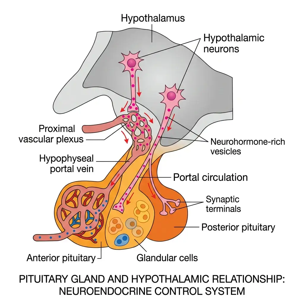 Educational diagram showing the neural and vascular portal connections between the hypothalamus and pituitary lobes.