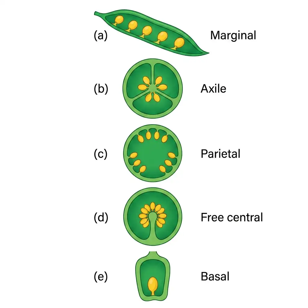 Vector diagram illustrating five placentation types in ovaries: marginal, axile, parietal, free central, and basal.
