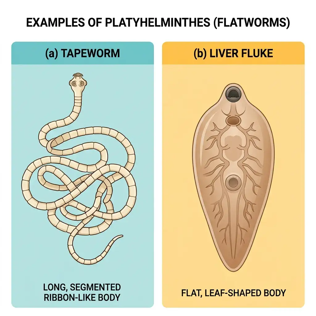 Vibrant educational diagram comparing Platyhelminthes: (a) Tapeworm segmented ribbon body, (b) Liver fluke flat leaf body.