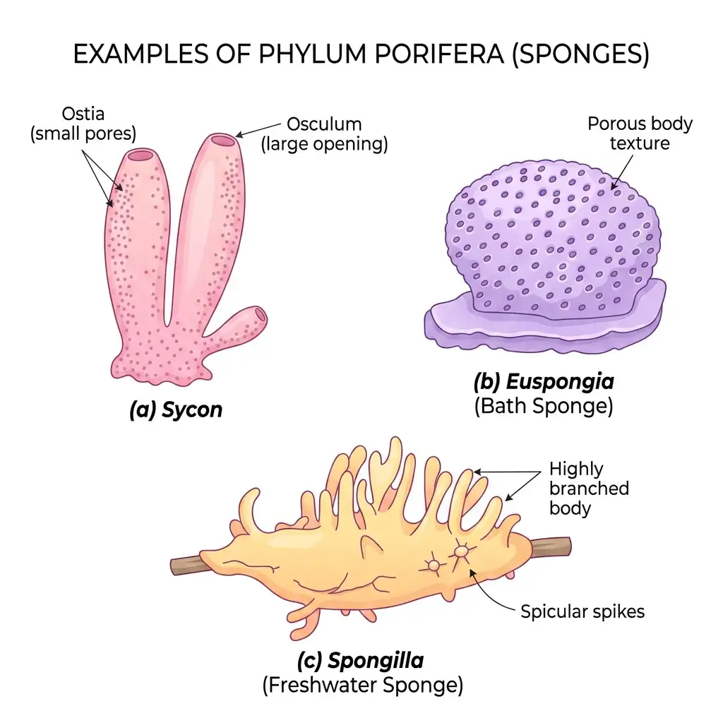 Vibrant vector diagram showing Phylum Porifera examples: (a) Sycon, (b) Euspongia (bath sponge), (c) Spongilla (freshwater sponge).