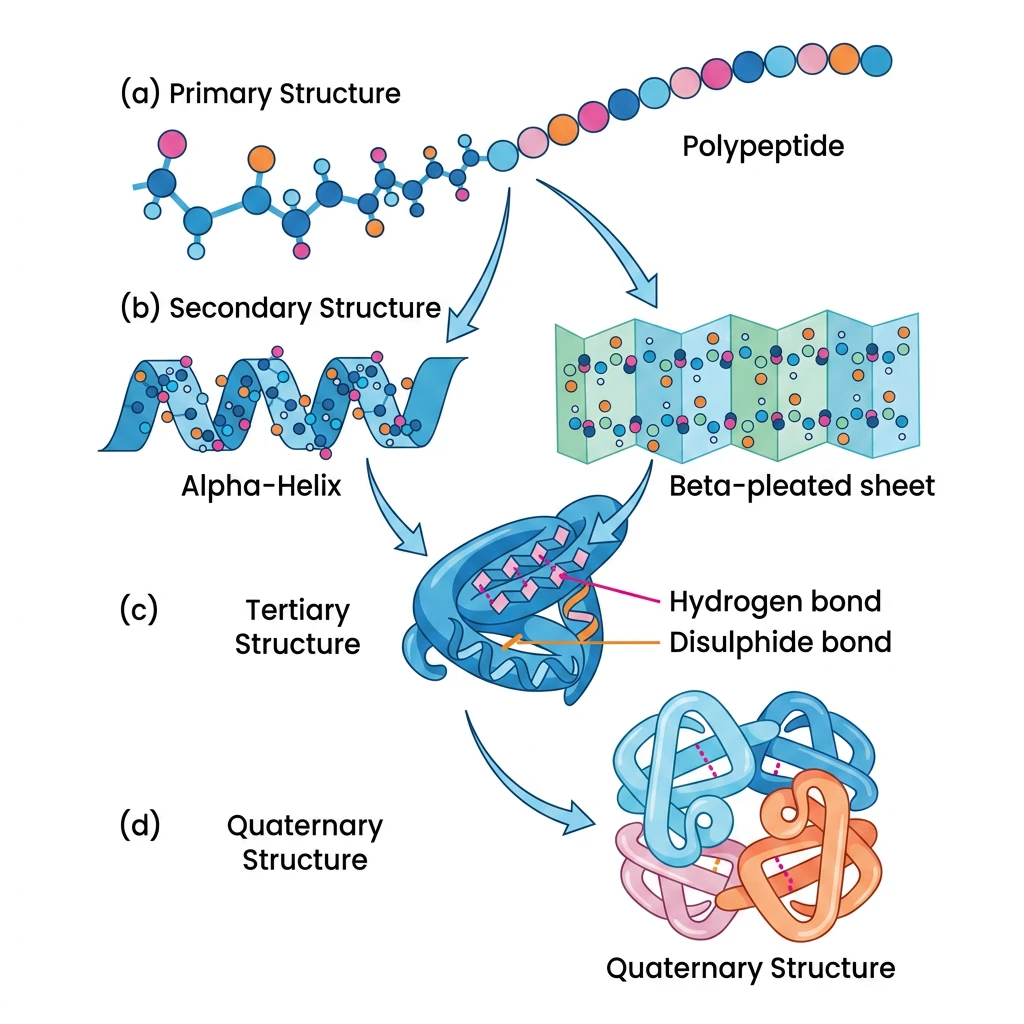 Detailed labeled anatomy diagram showing various levels of protein structure from primary polypeptide to quaternary complex.