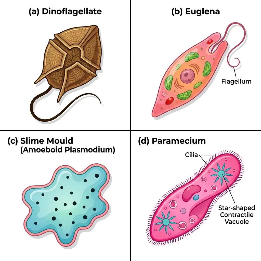 Four-panel vector diagram showing dinoflagellates, euglena with flagellum, slime mould, and paramecium with cilia.