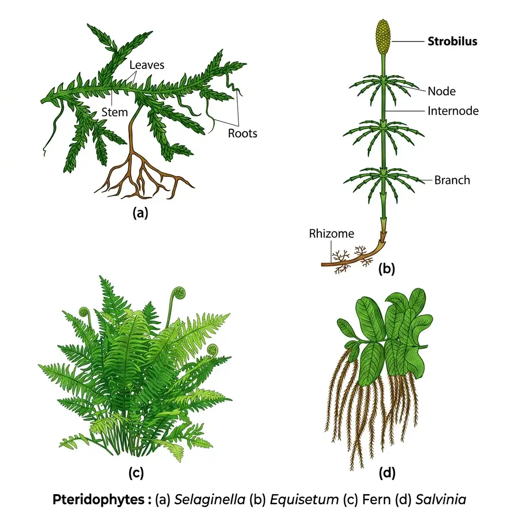 Illustrates representatives of Pteridophytes including Selaginella, Equisetum, a Fern, and Salvinia with clean lines.