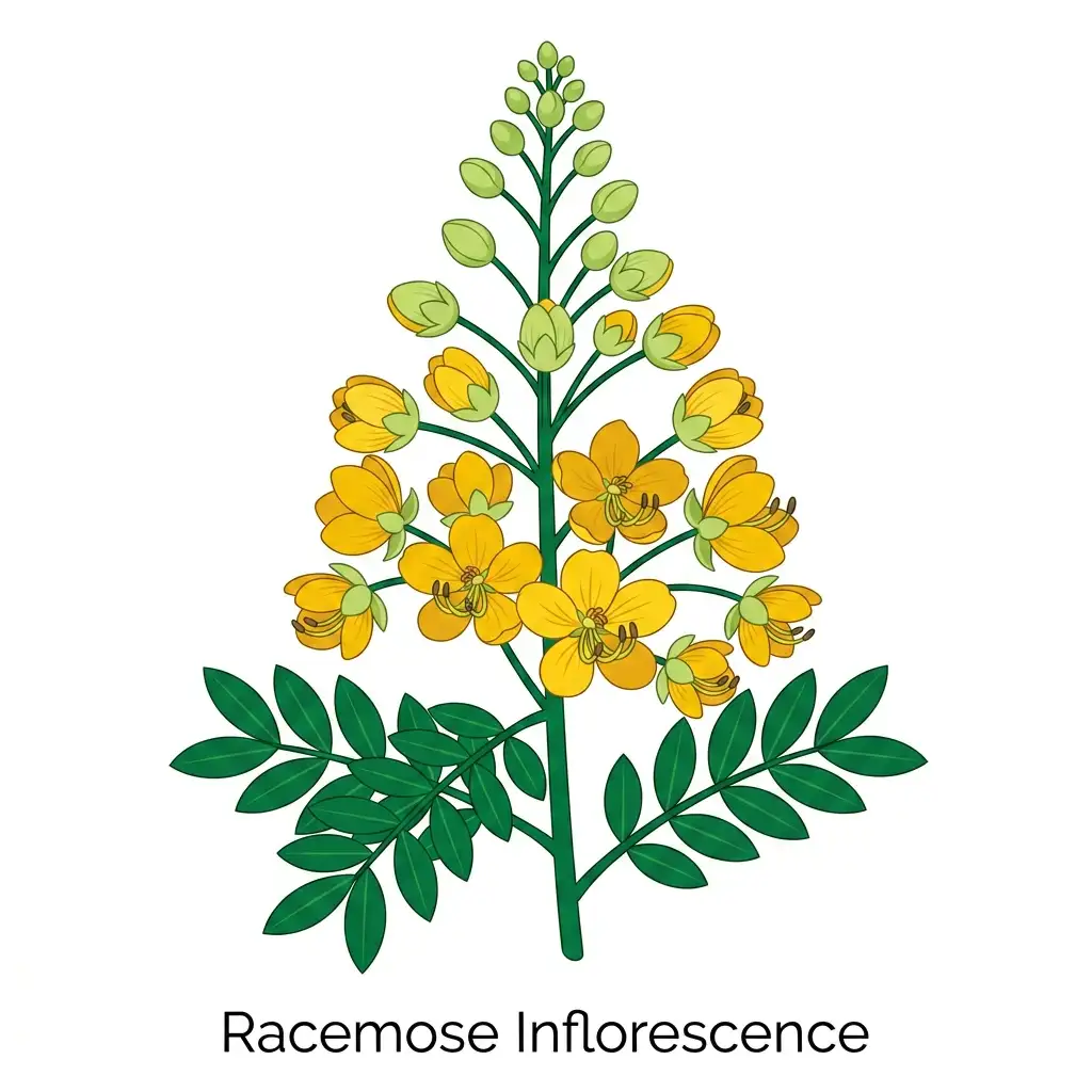 Vector botanical diagram of a racemose inflorescence showing acropetal flower development with youngest flowers at the top.