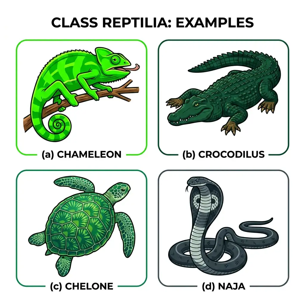 Detailed diagram of Class Reptilia comparing Chameleon, Crocodilus, sea turtle Chelone, and Naja cobra.