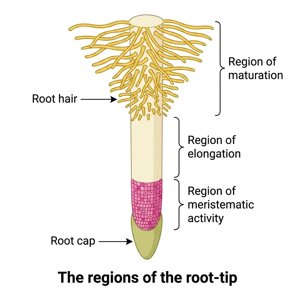 Vibrant educational diagram displaying regions of the root-tip: root cap, meristematic zone, elongation zone, and maturation zone.