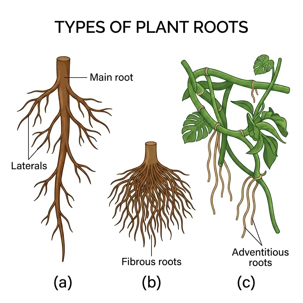 Educational vector diagram comparing three types of roots: tap root, fibrous roots, and adventitious roots.