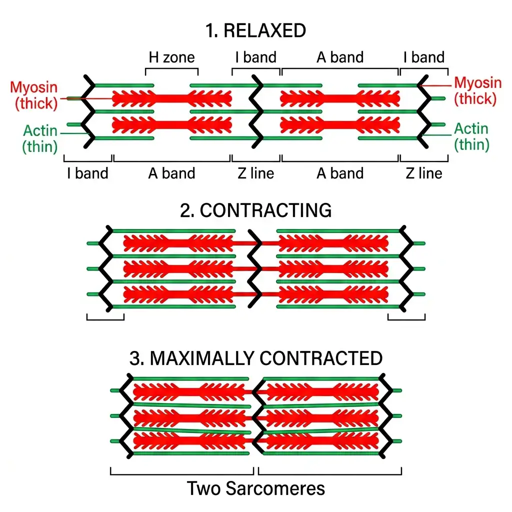 Anatomical schematic showing the sliding-filament theory of muscle contraction in relaxed, contracting, and maximally contracted states.