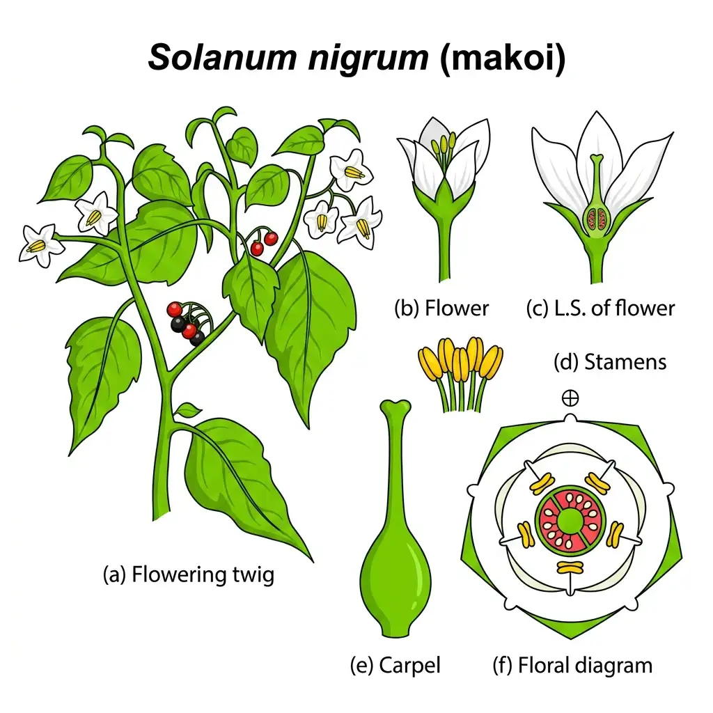 Detailed botanical illustration of Solanum nigrum (makoi) plant showing flowering twig, flower, L.S. of flower, stamens, carpel, and floral diagram.