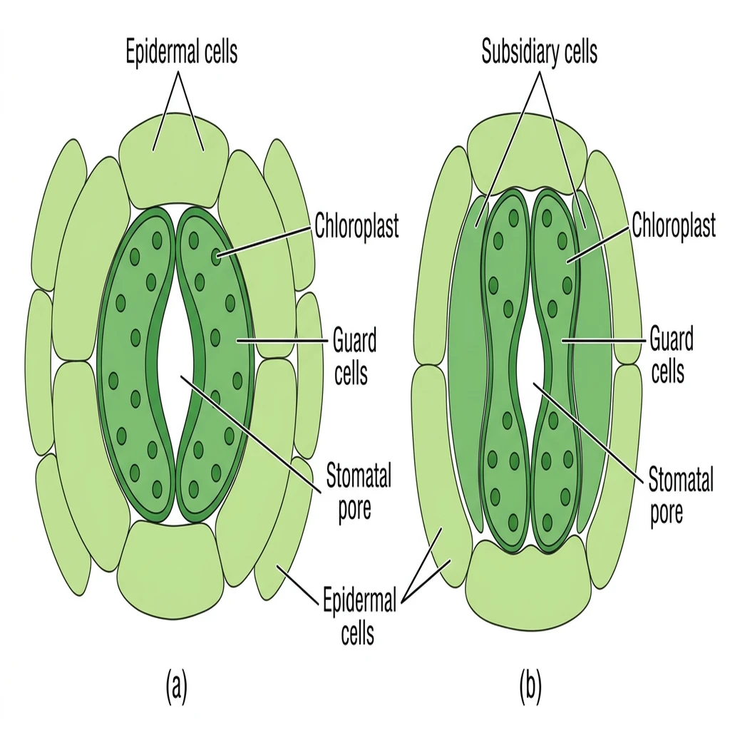 Diagram comparing stomata structures: (a) bean-shaped guard cells in dicots, (b) dumb-bell shaped guard cells in monocots.