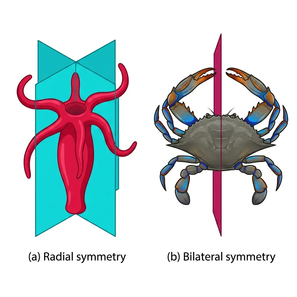 Biological diagram illustrating animal symmetry: (a) Radial symmetry in hydra polyp, (b) Bilateral symmetry in a grey crab.