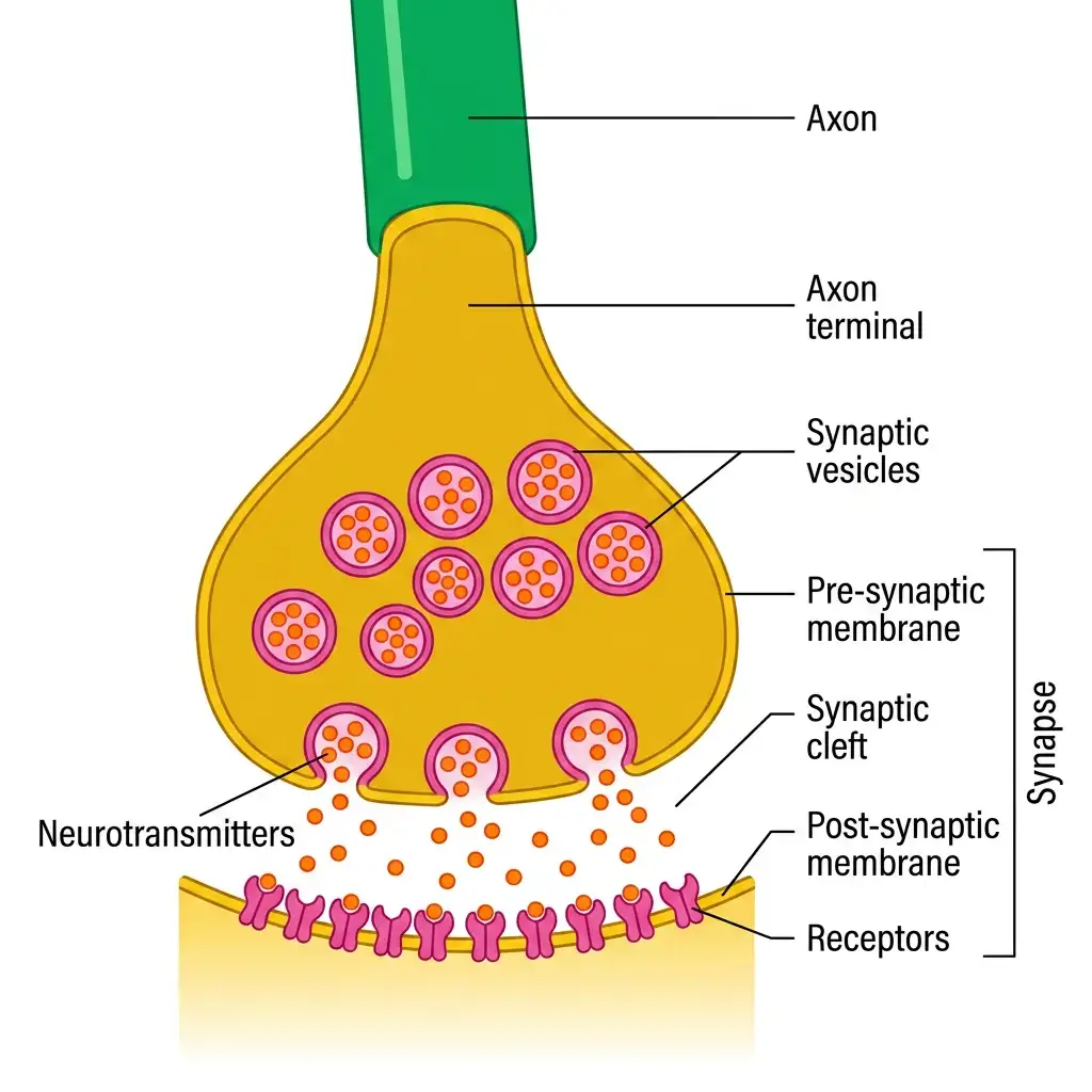 Microscopic labeled diagram of a chemical synapse, showing synaptic vesicles, pre/post synaptic membranes, and cleft.