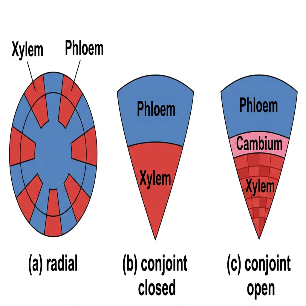 Vector illustration of vascular bundle arrangements: (a) radial, (b) conjoint closed, and (c) conjoint open with cambium.