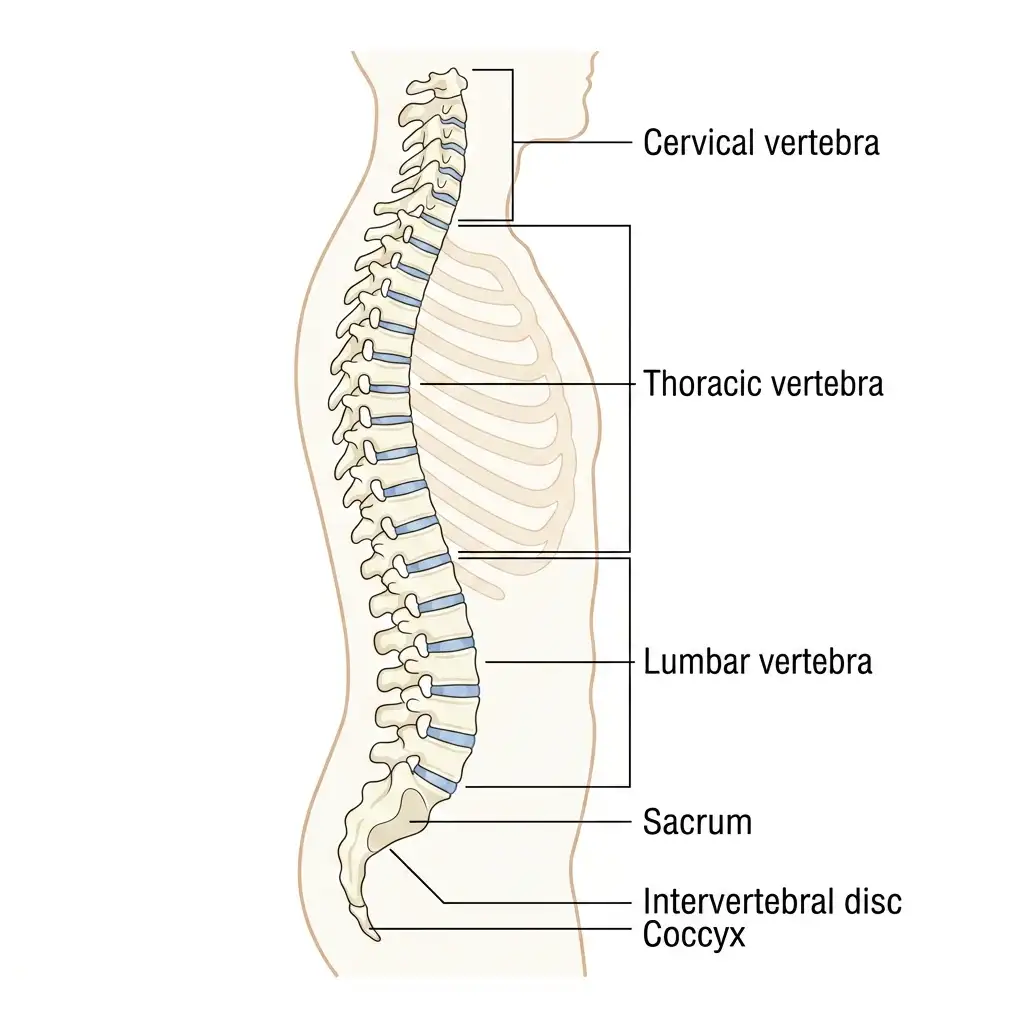 Right lateral view of the human vertebral column displaying cervical, thoracic, lumbar vertebrae, sacrum, and coccyx.