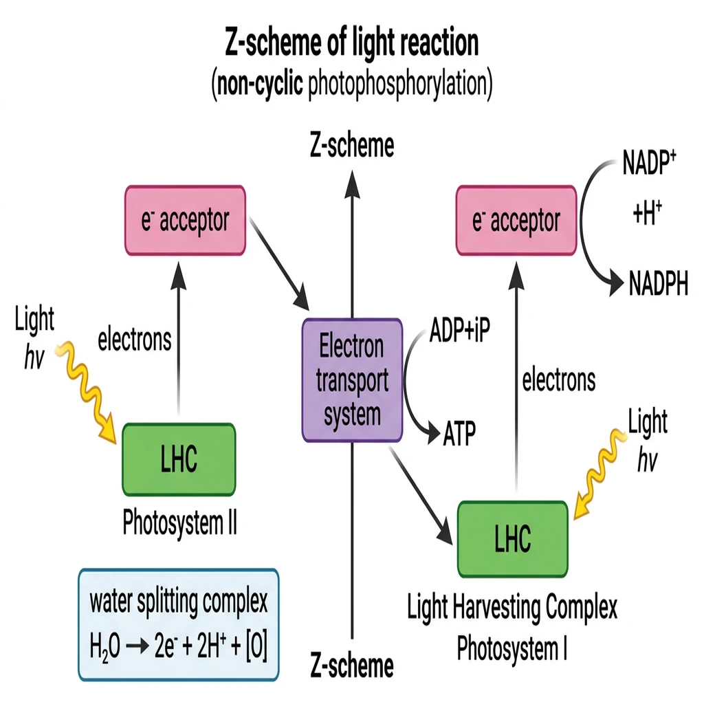 Detailed flowchart diagram of the non-cyclic photophosphorylation Z-scheme with Photosystems II and I.